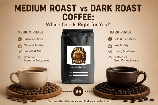 Medium Roast vs Dark Roast Coffee infographic featuring Rey's Coffee, comparing flavor, acidity, and roast characteristics.