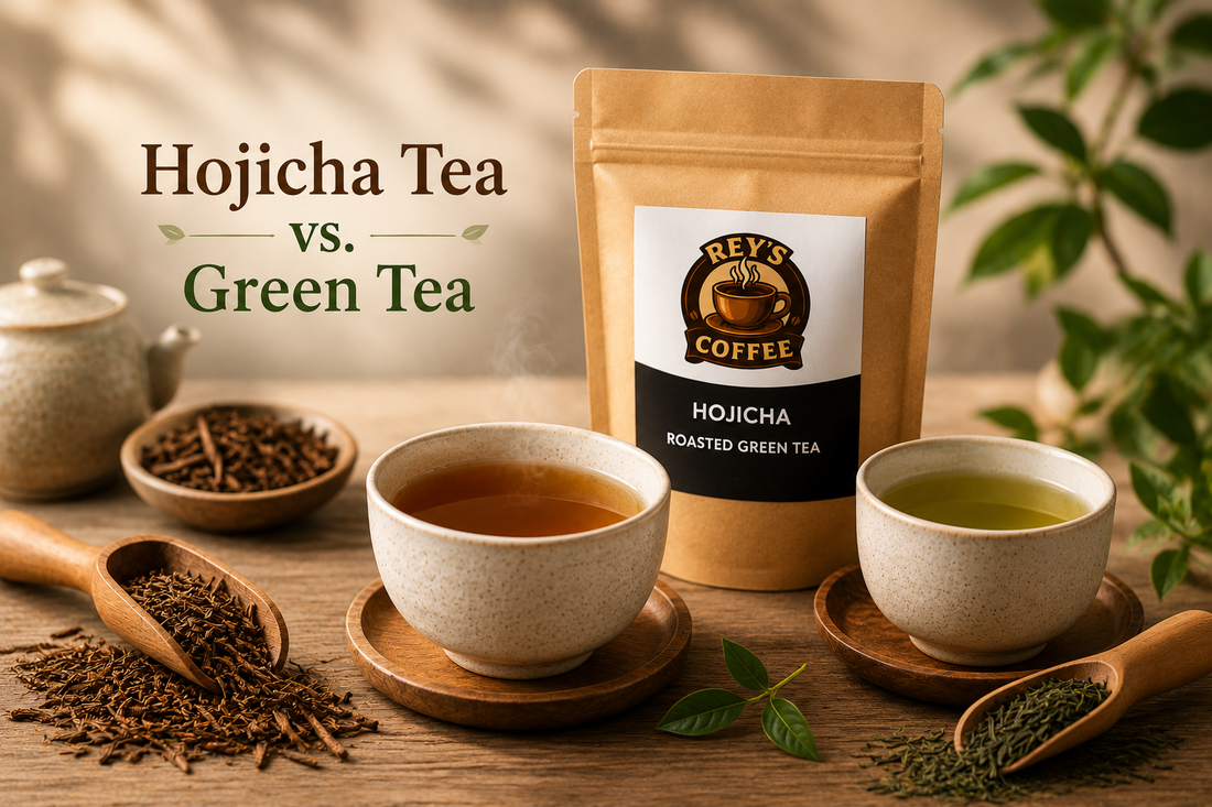  Hojicha tea pouch with brewed Hojicha and green tea, highlighting the differences between roasted and green tea.