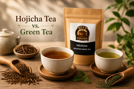  Hojicha tea pouch with brewed Hojicha and green tea, highlighting the differences between roasted and green tea.