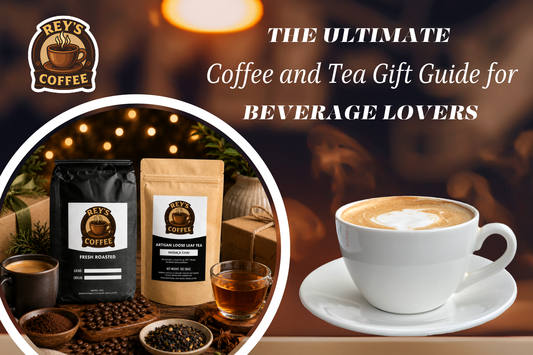 Cozy coffee and tea gift arrangement featuring Rey’s Coffee fresh roasted coffee bag, Masala Chai tea pouch, branded coffee and tea cups, coffee beans, loose tea leaves, gift boxes, and warm ambient lighting on a rustic wooden table.