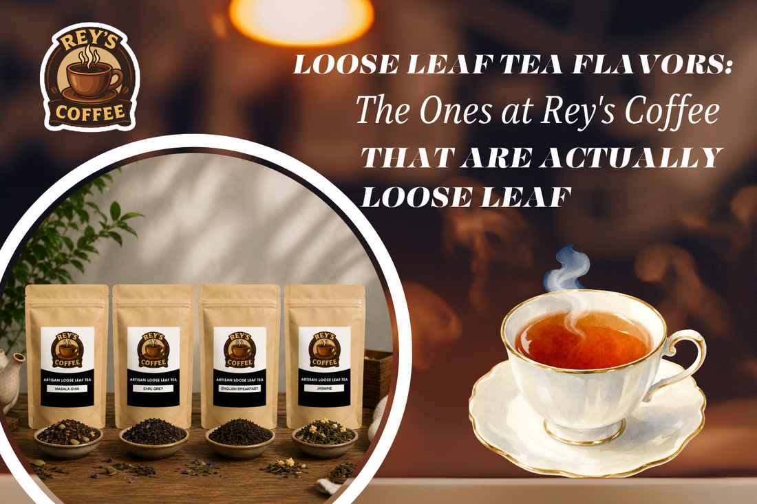  Rey's Coffee loose leaf tea flavors featuring Masala Chai, Earl Grey, English Breakfast, and Jasmine tea packets alongside a steaming cup of tea.