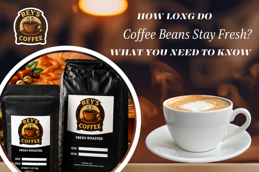  Rey's Coffee fresh roasted coffee bags and latte with blog title about how long coffee beans stay fresh and the best storage tips for maintaining coffee freshness.