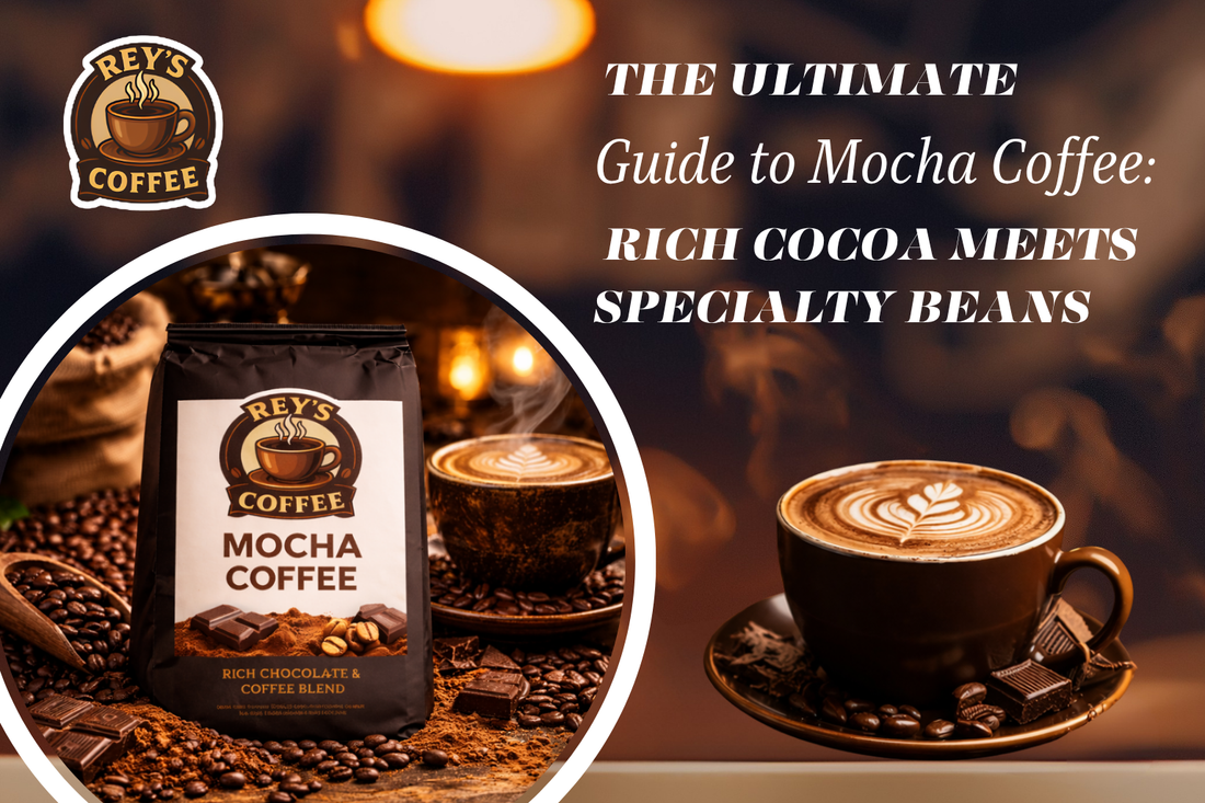  Mocha coffee bag with a cup of latte, coffee beans and chocolate, featuring the text “The Ultimate Guide to Mocha Coffee.”