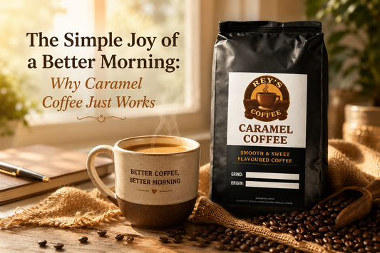  Warm morning coffee scene with caramel coffee bag, steaming mug, and coffee beans in soft sunlight.