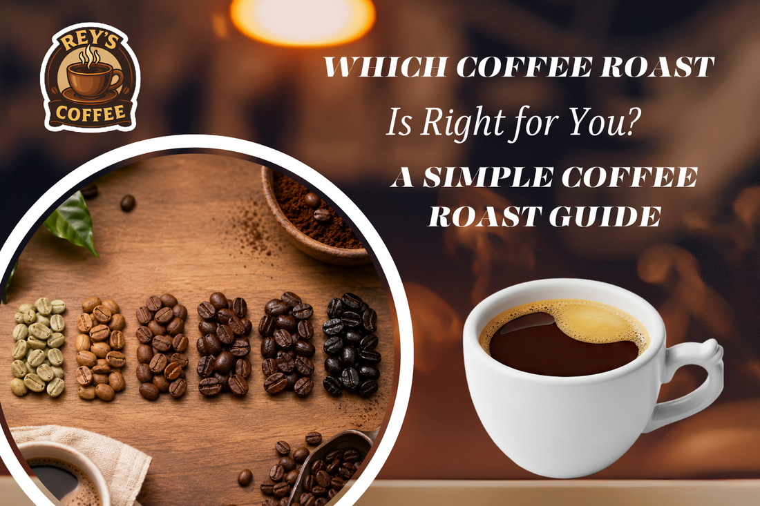  Coffee roast guide showing green, light, medium, dark, and extra dark coffee beans with a cup of coffee.