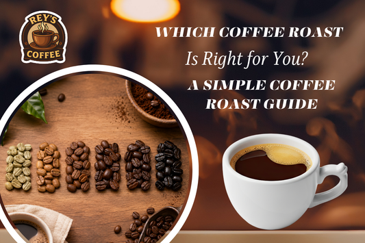  Coffee roast guide showing green, light, medium, dark, and extra dark coffee beans with a cup of coffee.