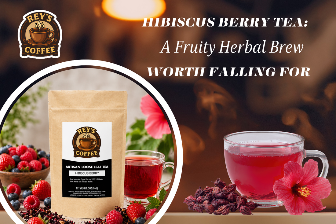  Rey's Coffee Hibiscus Berry Tea pouch with a cup of vibrant red herbal tea, hibiscus flowers, mixed berries, and dried hibiscus petals in a premium promotional display.