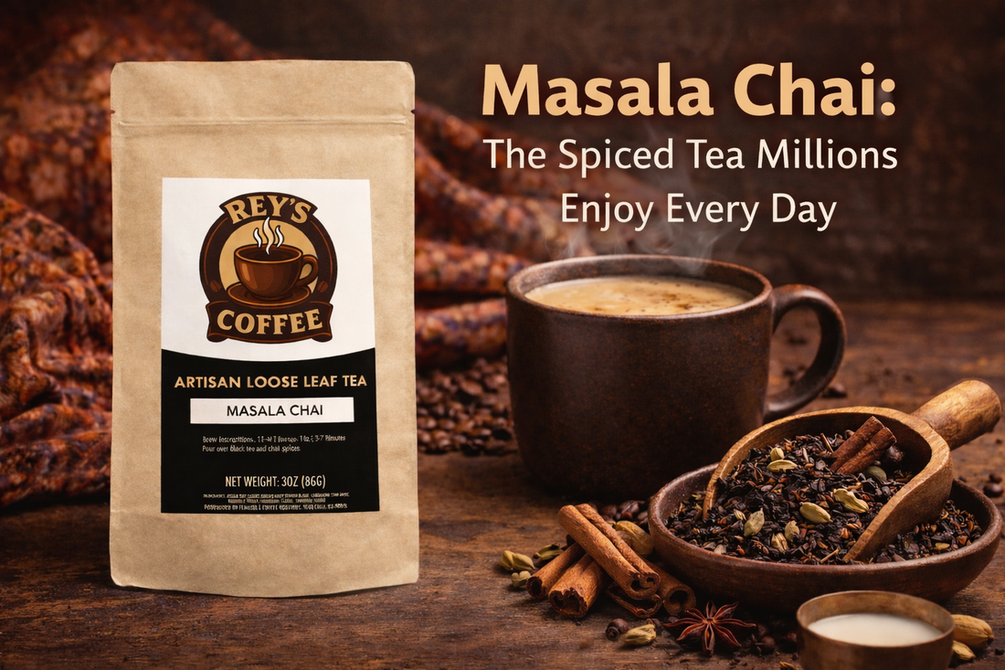 Rey’s Coffee Masala Chai loose leaf tea with steaming spiced chai and traditional spices.