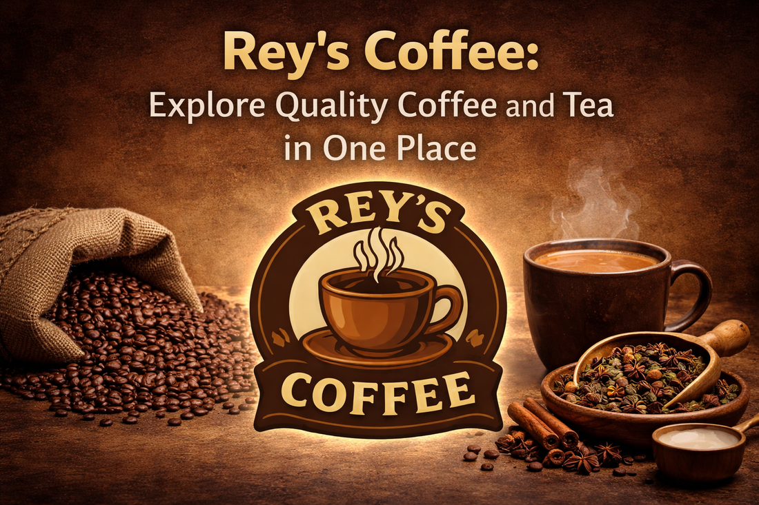 Rey’s Coffee logo with coffee and tea background