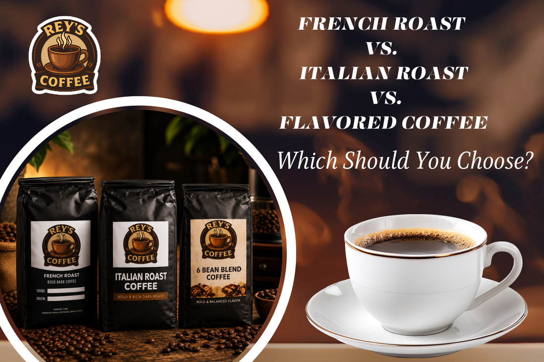 Rey's Coffee banner comparing French Roast, Italian Roast, and Flavored Coffee, featuring three coffee bags and a cup of black coffee