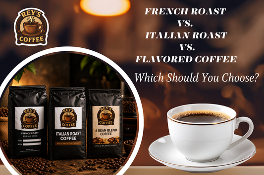 Rey's Coffee banner comparing French Roast, Italian Roast, and Flavored Coffee, featuring three coffee bags and a cup of black coffee